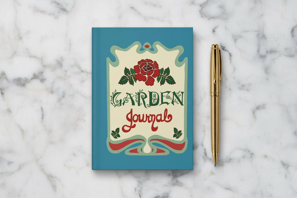 Garden journal with a red rose and hand lettering design on a blue background