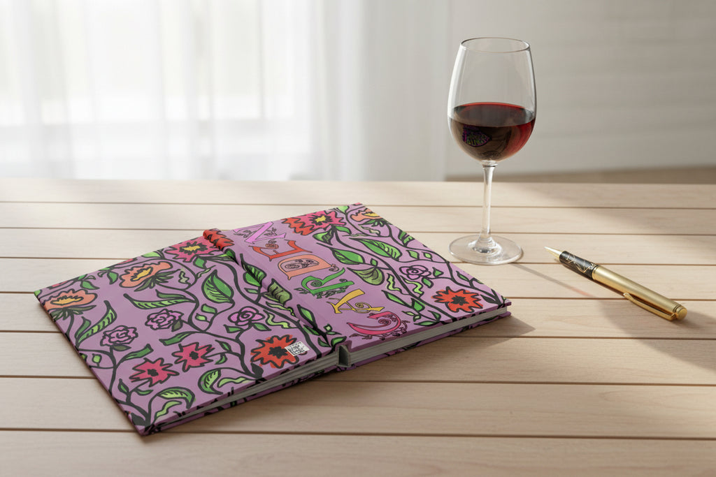 notebook front and back face down with floral illustration and 'garden' lettering.