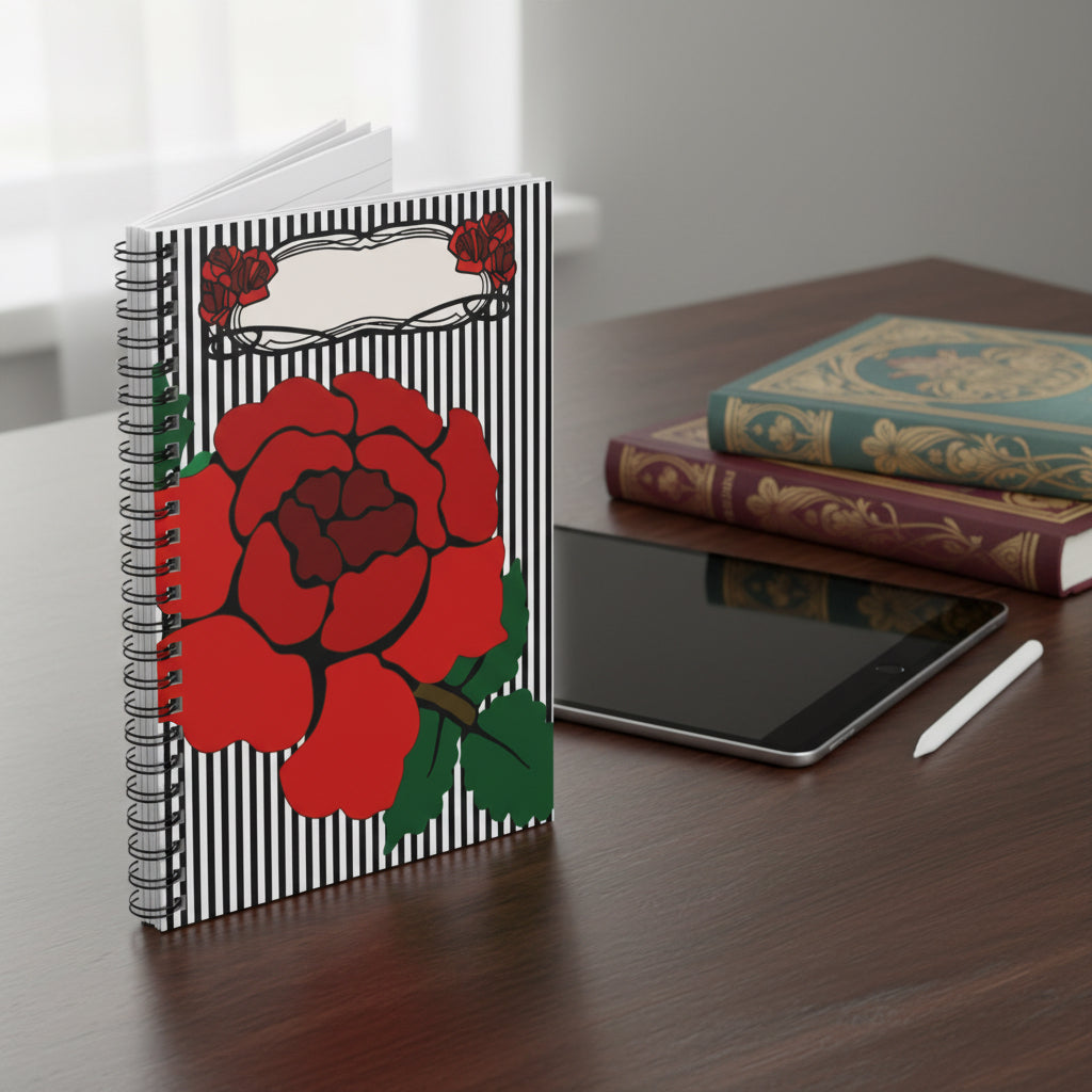 Notebook with red rose floral design on a black and white striped background