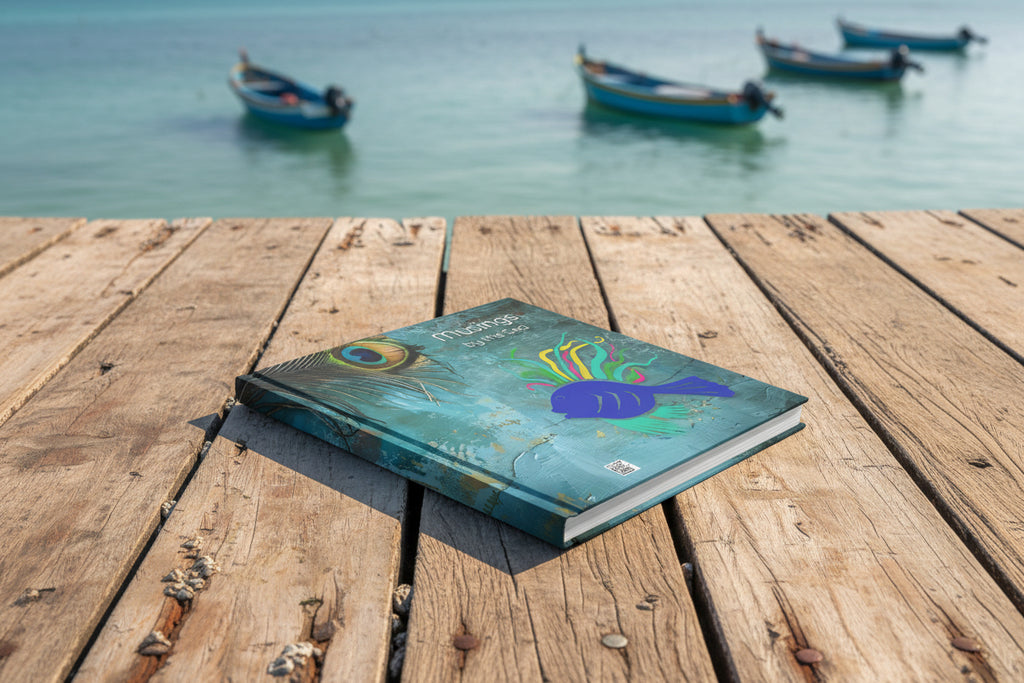 Open book with peacock feather and fish illustration on a blue background