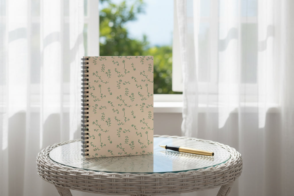 Notebook with green floral pattern on beige cover on table by sunny window