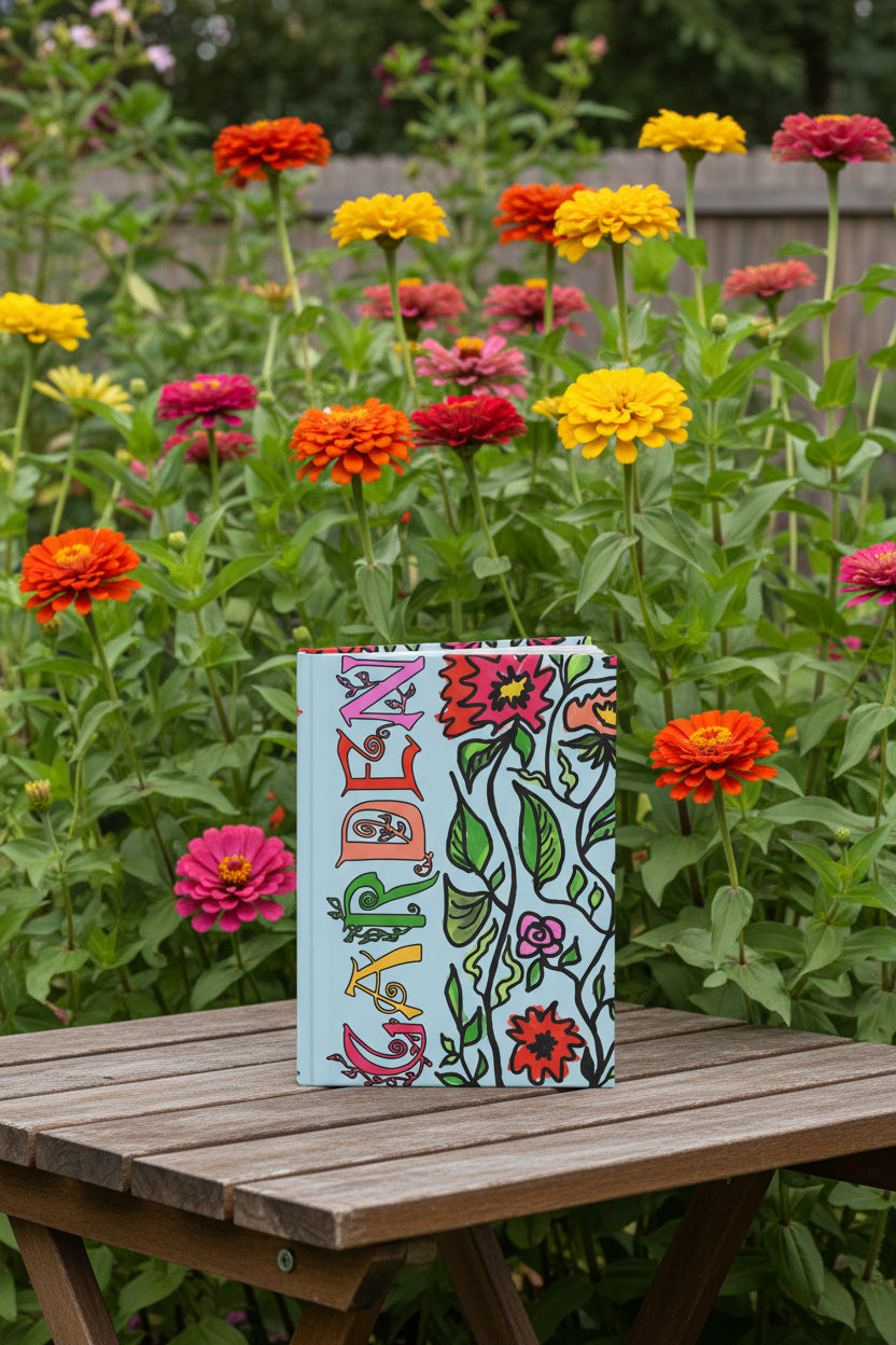 Floral art Garden text notebook  standing on a garden table