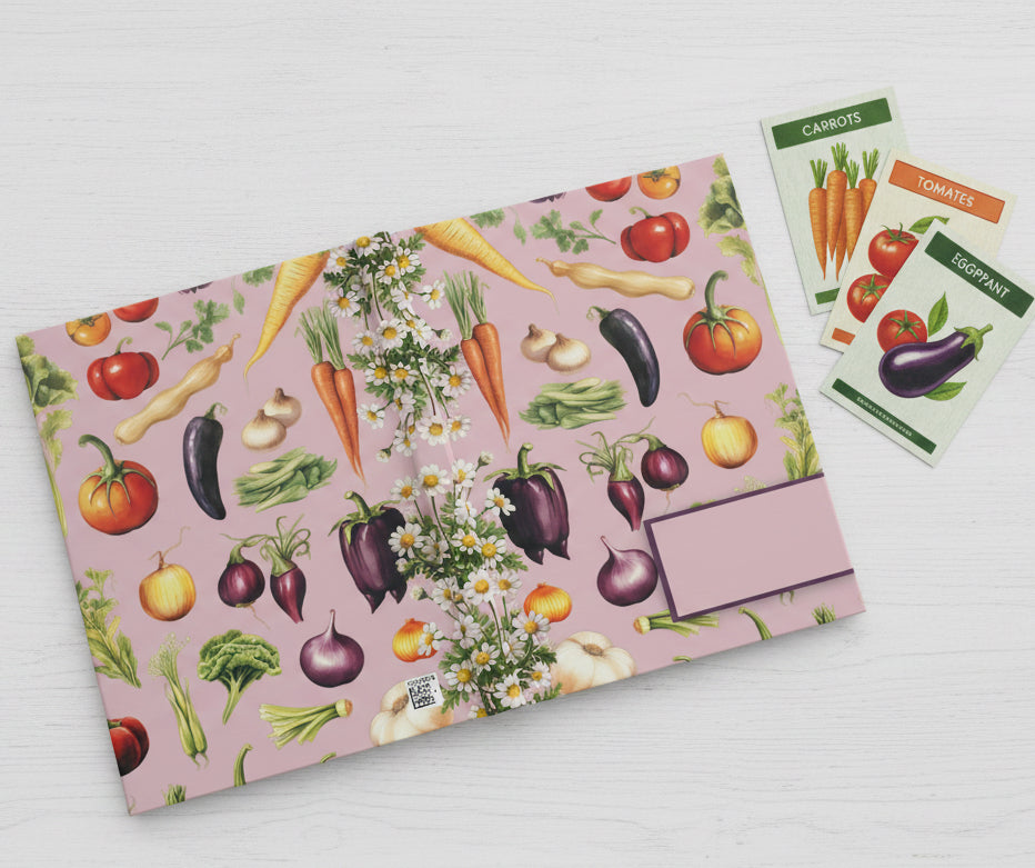 Book with vegetable pattern on a pink background