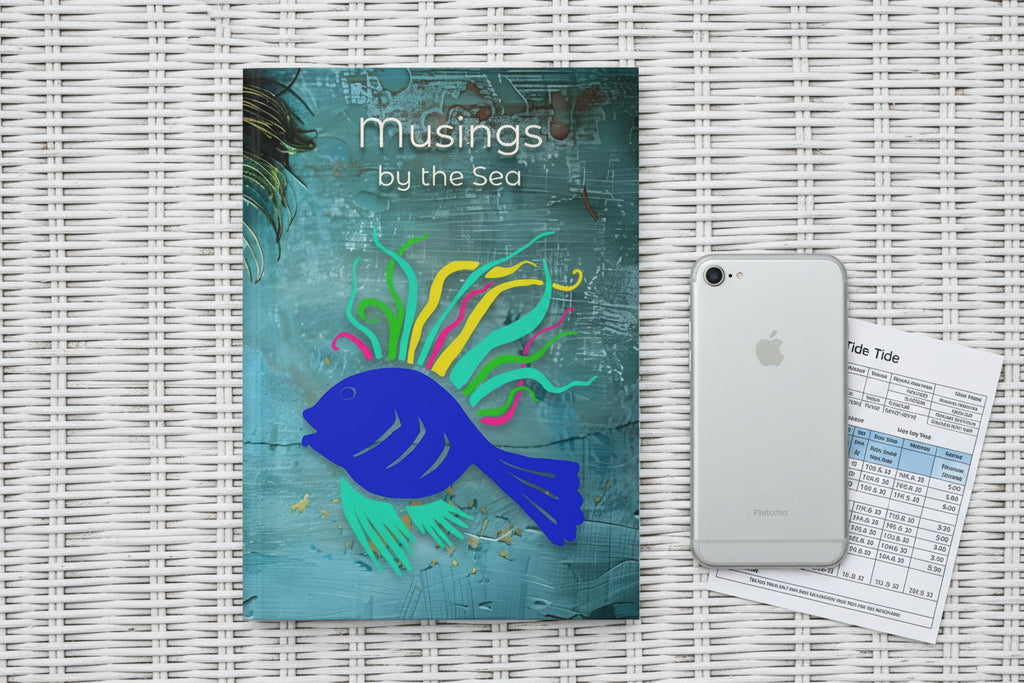 Book cover titled 'Musings by the Sea' with a blue fish illustration on a textured blue background.