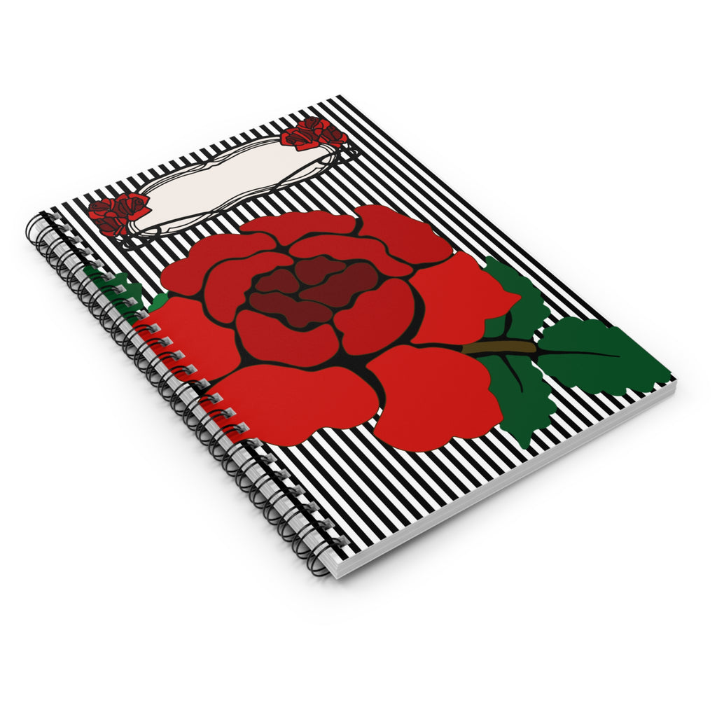 Rose Stripe Spiral Notebook — Red Floral Journal, Ruled Lined Note Book for School & Gifts