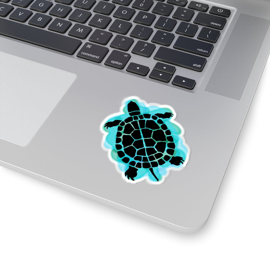 Laptop with a turtle sticker on the palm rest area