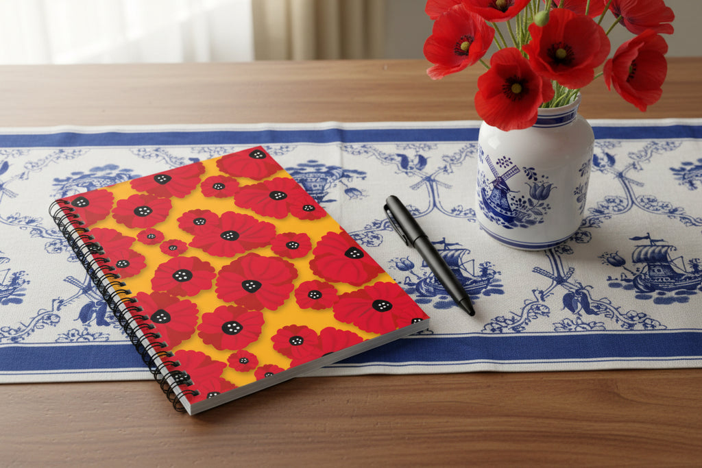 Red poppy flowers illustrated notebook with bright yellow background.
