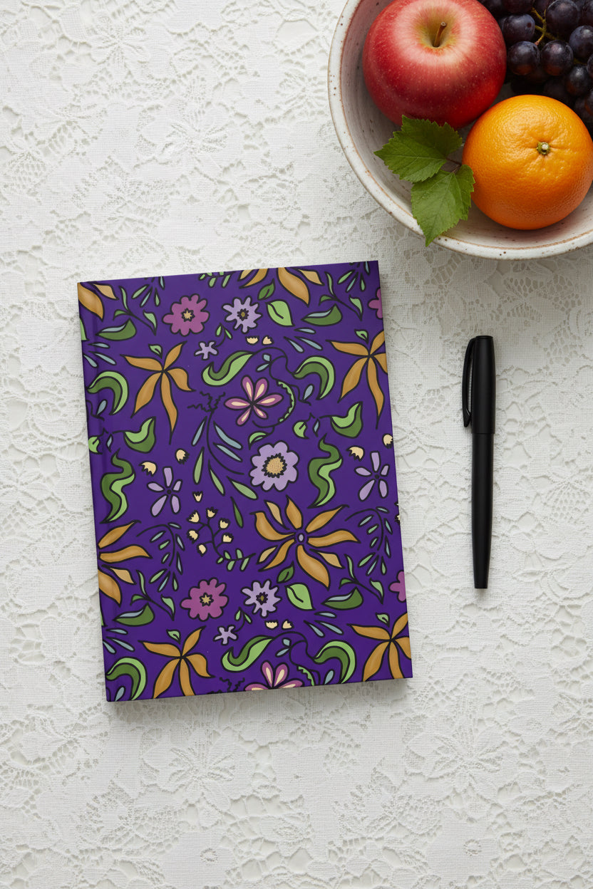 Floral patterned hand illustrated notebook with purple background color