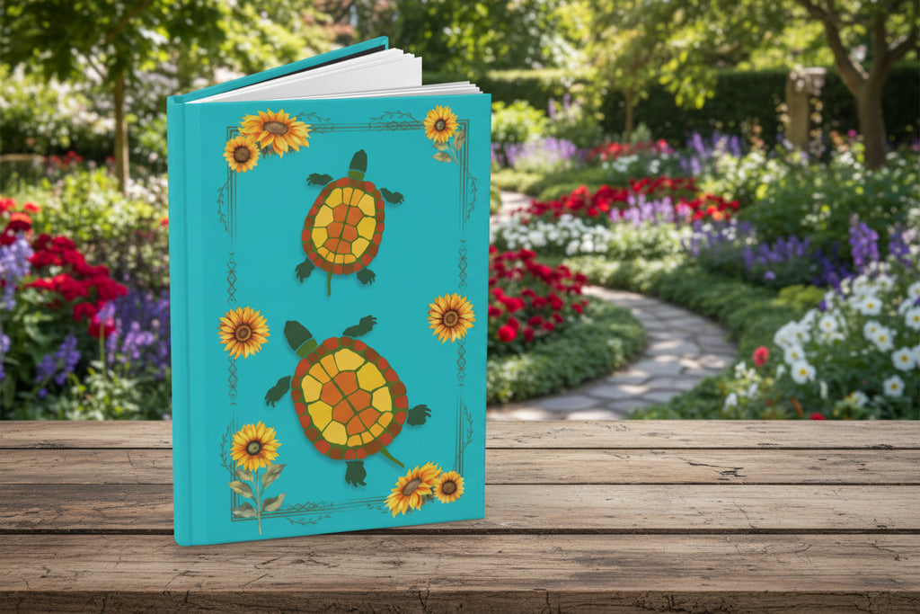 Notebook with turtle and sunflower design on a blue background