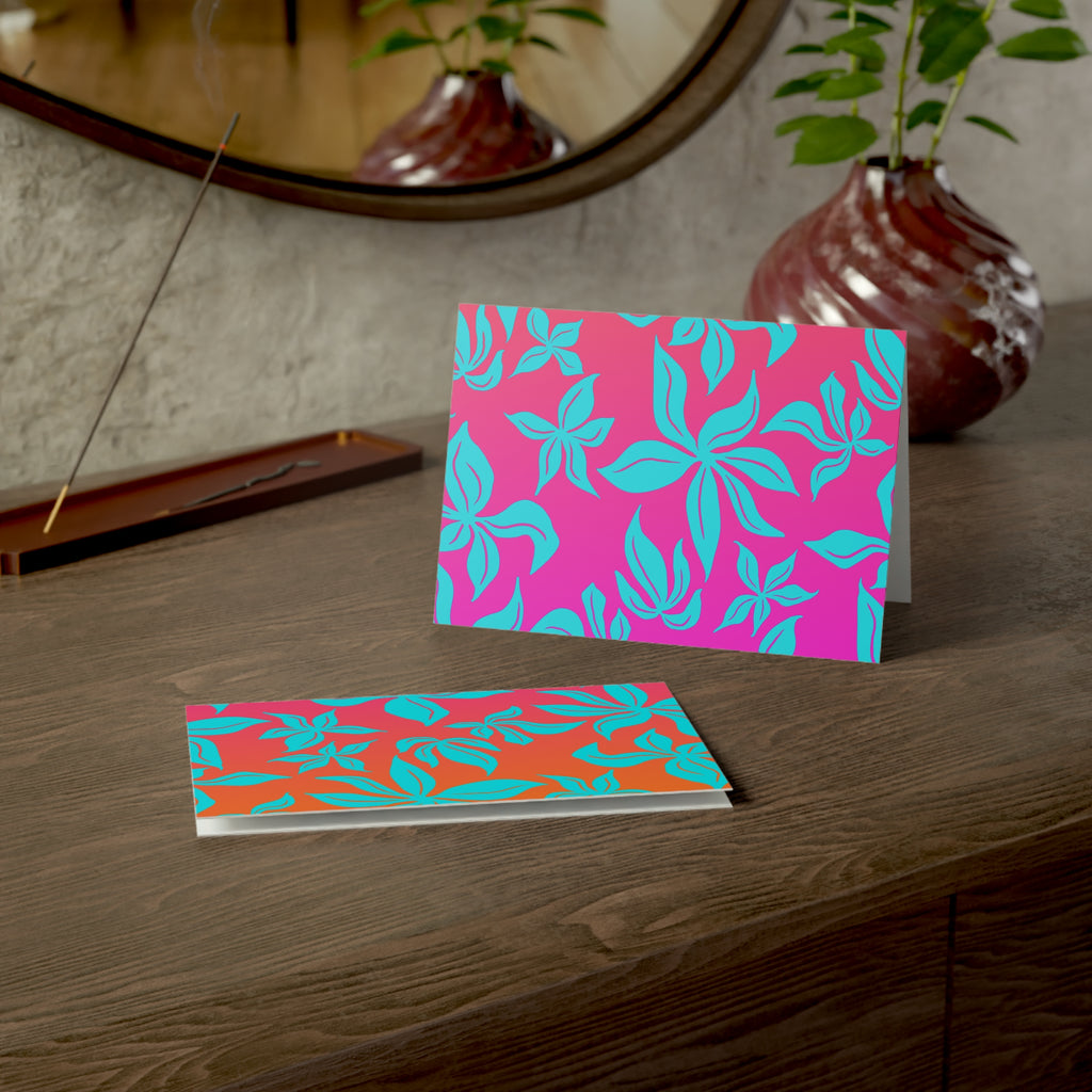 Tropical Floral Greeting Cards — Bright Teal Flowers on Pink-Orange Gradient (Pack of 1/10/30/50)