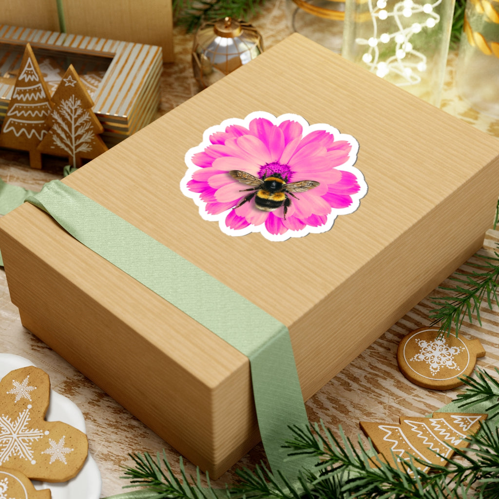 Bumblebee on Pink Daisy Sticker — Kiss-Cut Floral Bee Decal