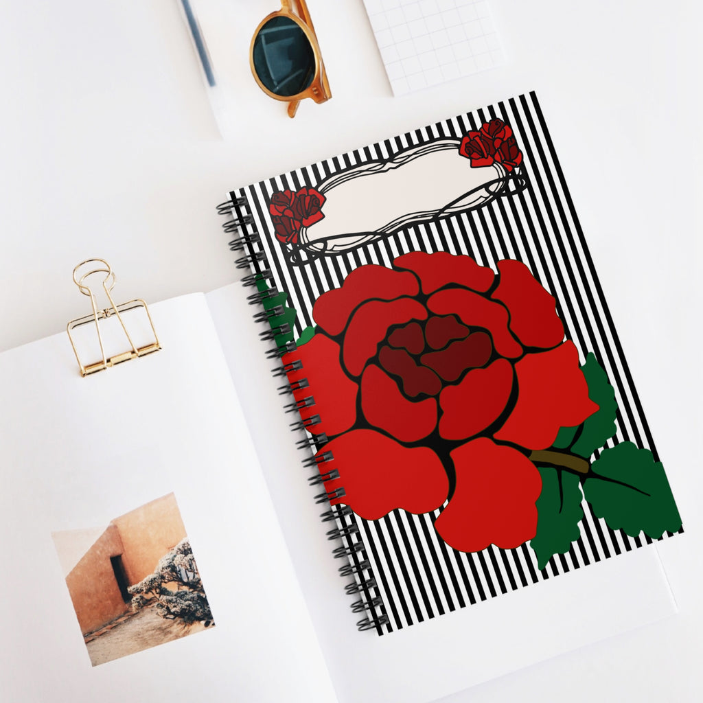 Rose Stripe Spiral Notebook — Red Floral Journal, Ruled Lined Note Book for School & Gifts