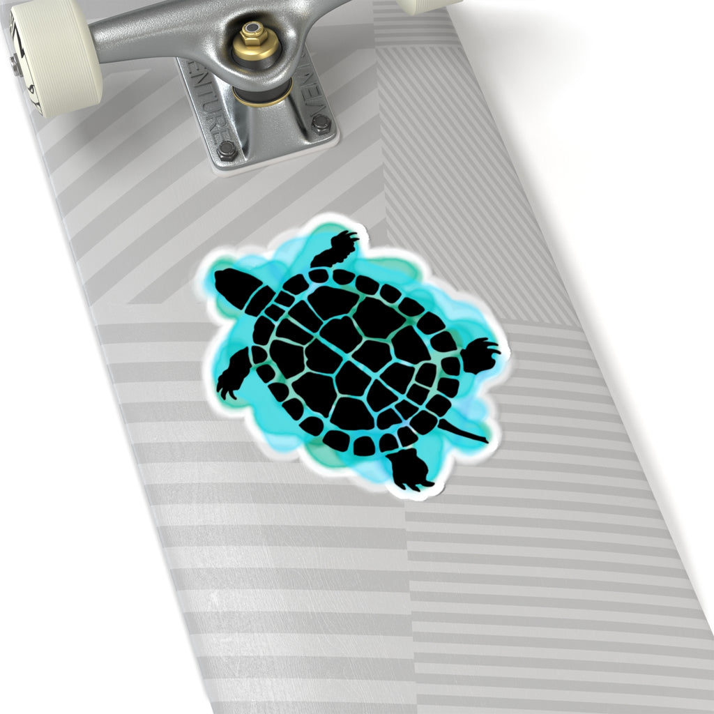 Turtle sticker on a skateboard deck