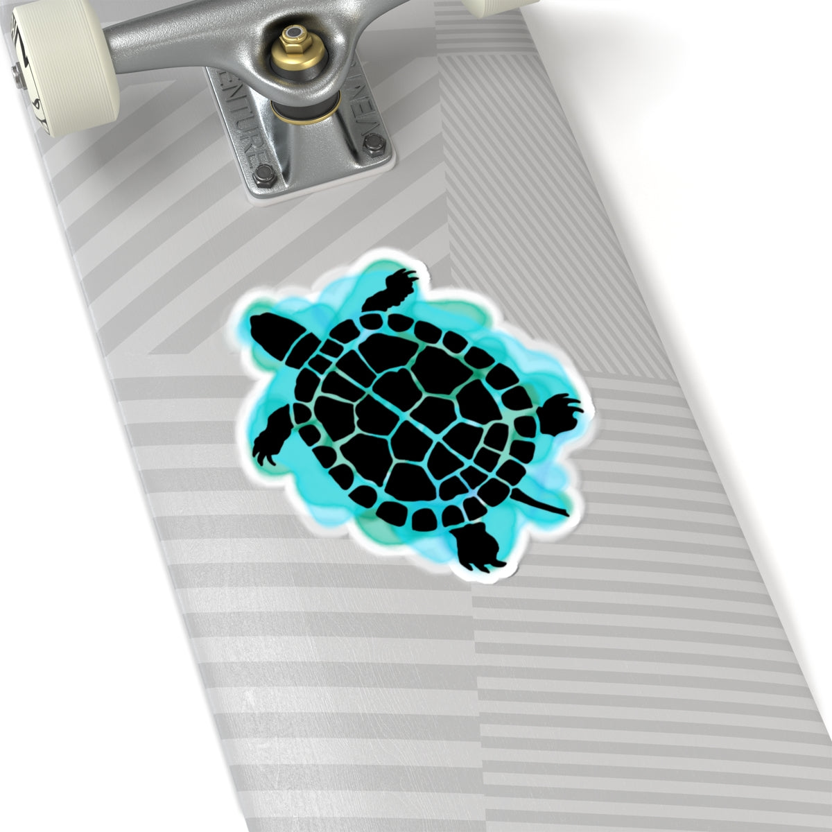 Turtle sticker on a skateboard deck