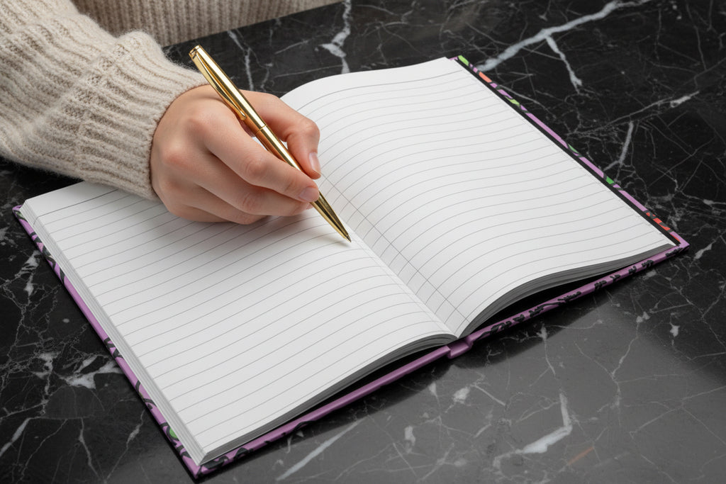 Open notebook with lined pages on a black marble background