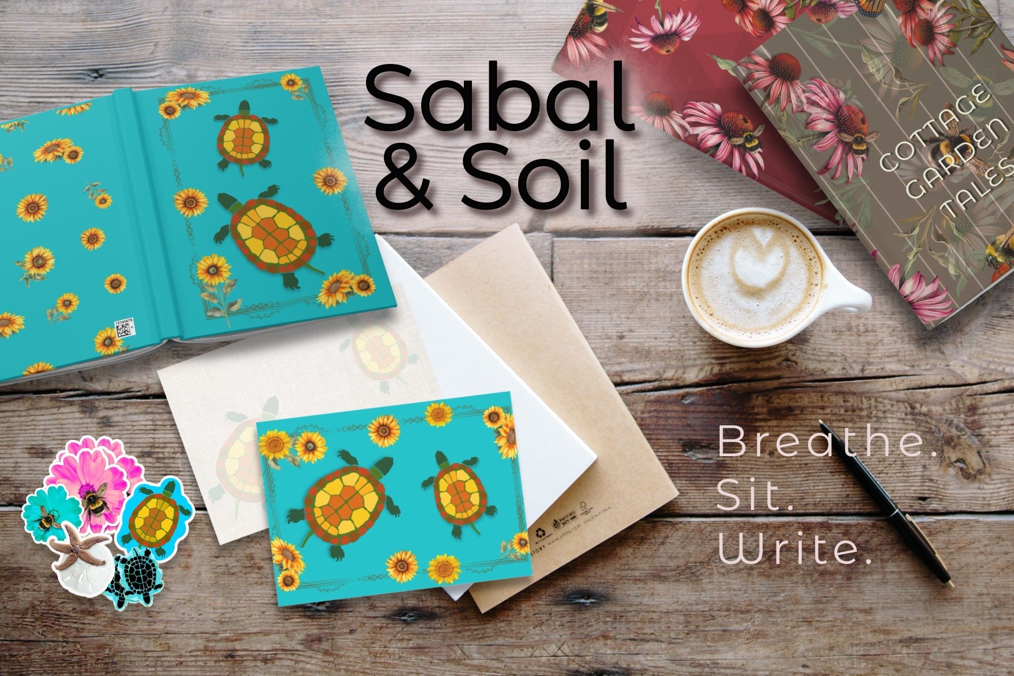 journal and cards with aqua turtles  design, coneflowers pattern for Sabal and Soil brand.
